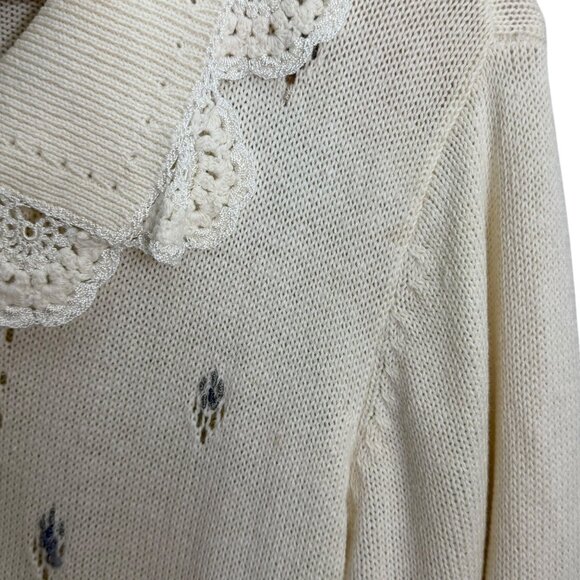 Vintage Dainty Embroidered Floral Crochet Collar Cardigan Cream S Cottagecore - Picture 8 of 8